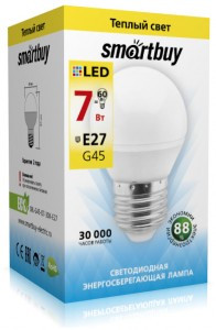 Smartbuy шар G45 E27 7W(550lm) 3000K 2K матовая пластик SBL-G45-07-30K-E27