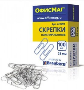 Скрепки ОФИСМАГ 28мм металл., 100шт., в карт. коробке, 222094