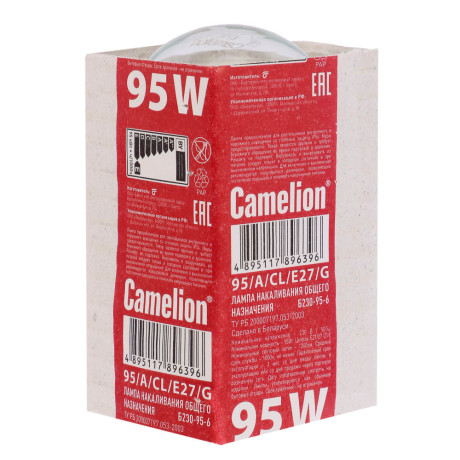 Camelion Лампа накаливания с прозрачной колбой, 95/A/CL/E27/G, ЛОН, ГОФРА, Б230-95-6