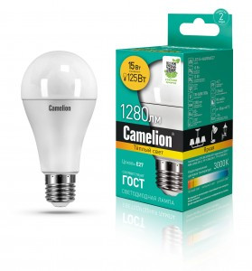Camelion ЛОН A60 E27 15W(1280lm 270°) 3000K 2K матов. 120x60 пластик LED15-A60/830/E27
