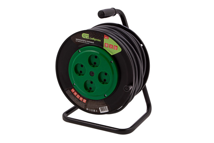 Удлинитель силовой 50 м, 16А, тип УХ10, ПВС, усиленный, на кабельной катушке, 4 розетки без заземления Сибртех