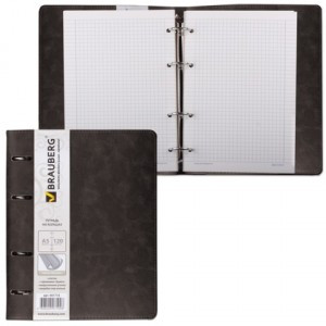 Тетрадь на кольцах 120л., BRAUBERG А5, 148х218мм, "Main", клетка, п/гл. кожу,  черная, 402004
