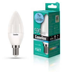 Camelion Свеча E14 7W(590lm 220°) 4500K 4K матов. 101x37 пластик LED7-C35/845/E14