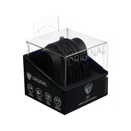 BY Кабель для зарядки КРИСТАЛЛЫ iP, 1м, Быстрая зарядка 2.4А, 12W, черный