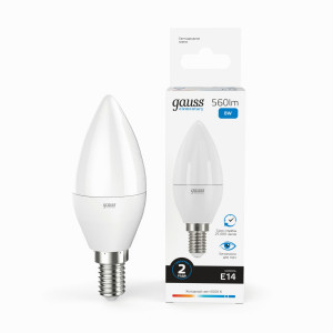 Gauss Elementary лампа Свеча E14 8W(560lm) 6500K 6K 100x38 матовая, пластик/алюм. 33138