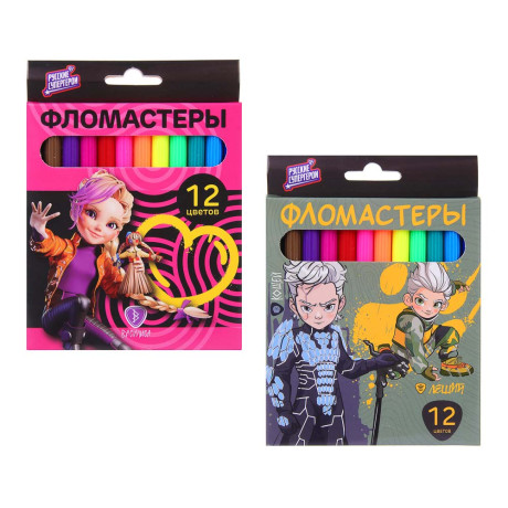 BY Русские Супергерои Фломастеры 12 цветов, смываемые, цветной вентил. колпачок, цветная коробка