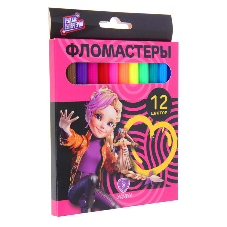 BY Русские Супергерои Фломастеры 12 цветов, смываемые, цветной вентил. колпачок, цветная коробка
