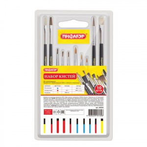 Кисти ПИФАГОР, набор 10шт. (пони - 5шт., синтетика - 3шт., щетина - 2шт., круглые, плоские), 200505