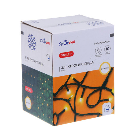 СНОУ БУМ Гирлянда эл. вьюн улич, 10м, 100LED, шампань, пост.свеч., ПВХ зеленый, коннект, 220В