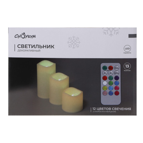 СНОУ БУМ Набор 3шт, светильник декор.LED в виде свечи,7,5х7,5/11,5/15см,PP,3хAАА,13 режимов,пульт ДУ