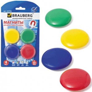Магниты BRAUBERG диам. 50 мм, 4 шт., цвет АССОРТИ, в блистере,231736