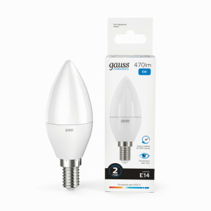 Gauss Elementary лампа Свеча E14 6W(470lm) 6500K 6K 100x38 матовая, пластик/алюм. 33136