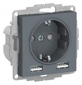 Systeme Electric AtlasDesign мех. сил. роз.+USB роз. 2 мест грифель A+А lв=1,2-2,4А, Uв=5В ATN000730