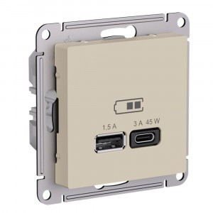 Systeme Electric AtlasDesign мех. роз. СУ 1 мест. USB A+C 45Вт высокоскор.заряд. QC,PD ПЕСОЧНЫЙ