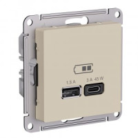 Systeme Electric AtlasDesign мех. роз. СУ 1 мест. USB A+C 45Вт высокоскор.заряд. QC,PD ПЕСОЧНЫЙ