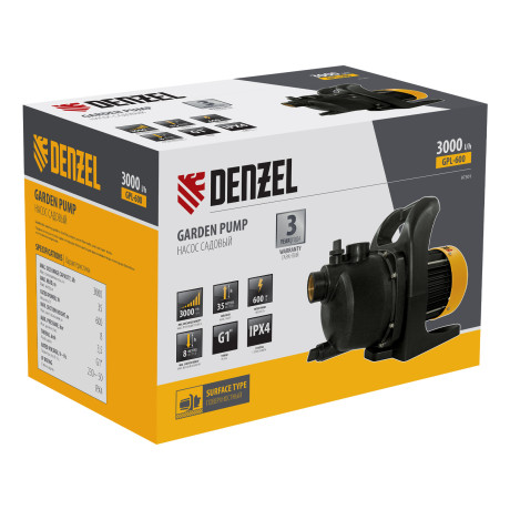 Садовый поверхностный насос GPL600, 600 Вт, 3000 л/ч, подъем 35 м, пластик Denzel
