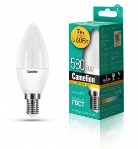 Camelion Свеча E14 7W(580lm 220°) 3000K 2K матов. 101x37 пластик LED7-C35/830/E14