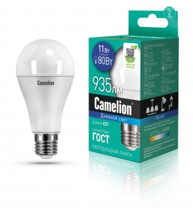 Camelion ЛОН A60 E27 11W(935lm 270°) 6500K 6K матов. 109x60 пластик LED11-A60/865/E27