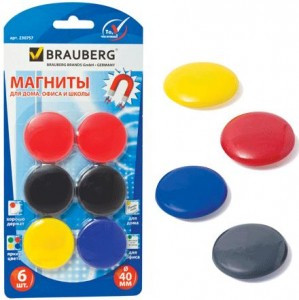Магниты BRAUBERG диам. 40 мм, 6 шт., цв. покрытие, 230757