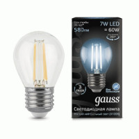 Gauss Filament лампа Шар G45 E27 7W(580lm) 4100K 4K 80x45 филамент (нитевидная), прозр.105802207