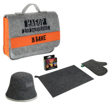 Набор для бани в портфеле "Для выживания в бане" (шапка, рукавица, коврик, масла)