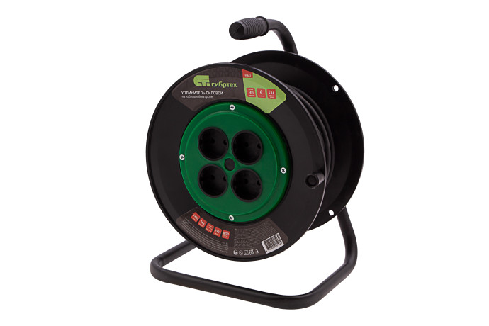 Удлинитель силовой 30 м, 16А, тип УХ10, ПВС, на кабельной катушке, 4 розетки без заземления Сибртех