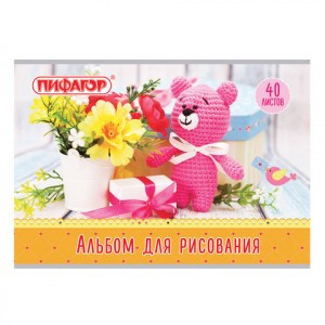 Альбом д/рисования А4, 40 л., скоба, обложка офсет, ПИФАГОР, 205х290 мм, "Медвежонок и цветы" (1 вид