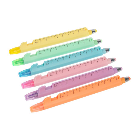 Маркер-выделитель 5 в 1 (ручка шариковая синяя, подставка, стилус, линейка), 6 цветов