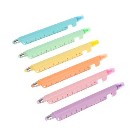 Маркер-выделитель 5 в 1 (ручка шариковая синяя, подставка, стилус, линейка), 6 цветов