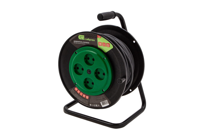 Удлинитель силовой 30 м, 16А, тип УХ10, ПВС, усиленный, на кабельной катушке, 4 розетки без заземления Сибртех