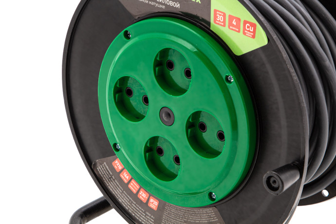 Удлинитель силовой 30 м, 16А, тип УХ10, ПВС, усиленный, на кабельной катушке, 4 розетки без заземления Сибртех