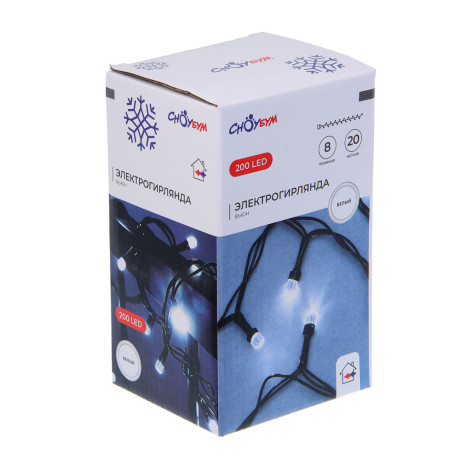 СНОУ БУМ Гирлянда эл. вьюн 20м, 200LED, "Алмазная" насадка, белый, 8 режимов, ПВХ черный, 220В