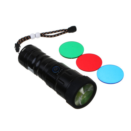 Фонарь ручной, LED, 5 реж, 55х157мм, алюм, съем аккум. 1х38650, фокус, 5 линз, дальн 800 м, 1380 лм