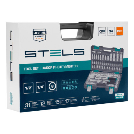 Набор инструментов, 1/2", 1/4", CrV, пластиковый кейс 94 предмета Stels