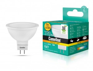 Camelion MR16 GU5.3 12V 5W(370lm 100°) 3000K 2K матов. 49x50 пластик LED5-MR16/830/GU5.3