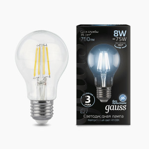 Gauss Filament лампа ЛОН A60 E27 8W(780lm) 4100K 4K 105x60 филамент (нитевидная), прозр. 102802208