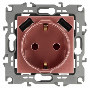 Эра12 роз. СУ, 1 мест. , 2P+E с 2xUSB 16A, штор. 5В-3А, медь, 250В, IP20, 12-4109-14 6620