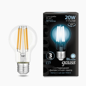Gauss Filament ЛОН A60 E27 20W(860lm) 4100K 4K 1850lm прозр. 112x62 филамент (нитевидная) 102902220