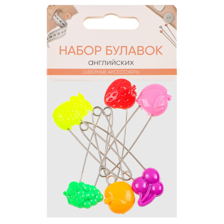 Булавки английские 6шт., 50-60мм, металл, пластик, 3 дизайна
