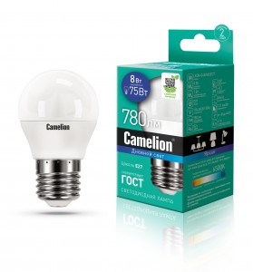 Camelion Шар G45 E27 8W(780lm 220°) 6500K 6K матов. 88x46 пластик LED8-G45/865/E27