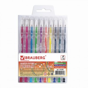 Ручки гел. BRAUBERG, набор 10 шт., "Jet", узел 0,7мм, линия 0,5мм, ассорти, 141038