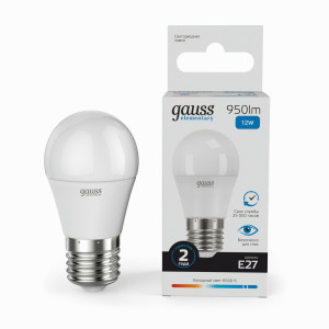 Gauss Elementary лампа Шар G45 E27 12W(950lm) 6500K 6K матов., пластик 53232