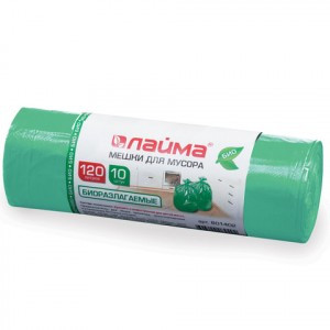 Мешки д/мусора 120 л, БИОРАЗЛАГАЕМЫЕ, зеленые, в рулоне 10 шт., ПНД, 17 мкм, 70х110 см (±5%), ЛАЙМА,