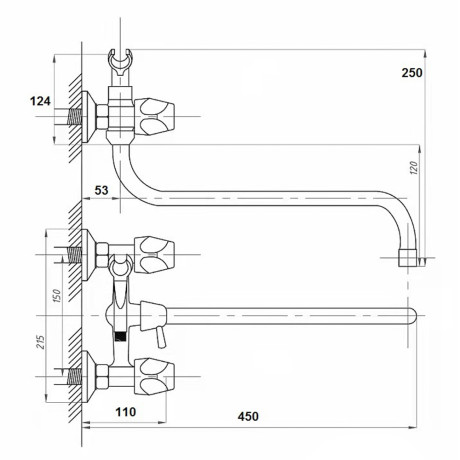 RAIN Смеситель для ванны Кварц, круглый излив 40см, керам. кран-буксы 1/2, душ. набор, латунь, хром