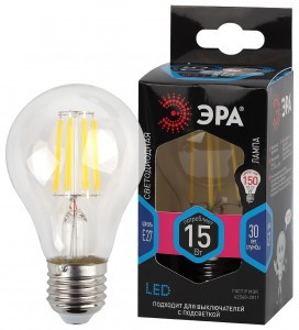 ЭРА F-LED ЛОН A60 E27 15W(1520lm) 4000K 4K филамент (нитевидная) прозр. 105х60 A60-15W-840-E27 1979