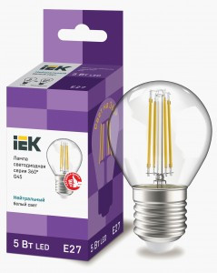 IEK шар G45 E27 5W(600lm) 4000К 4K прозр 78х45 филамент(нитевидная) 360° LLF-G45-5-230-40-E27-CL