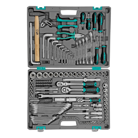 Набор инструментов, 1/2",3/8", 1/4", CrV, пластиковый кейс 142 предмета Stels