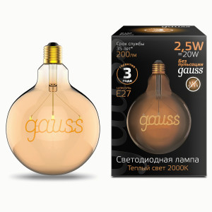 Gauss Filament лампа G125 2.5W(200lm) 2000К E27 golden GAUSS филамент (нитевидная) 175802003