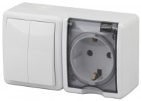 ЭРА Эксперт блок ОУ (роз.16A + 2 кл. выкл.10A) бел. IP54, земля, крышка) 11-7402-01 (1/8/80)