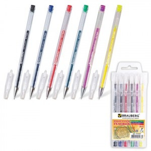 Ручки гел. BRAUBERG, набор 6 шт.(син/чер/кр/зел/жел/фиолет) "Jet", узел 0,7мм, линия 0,5мм 141037